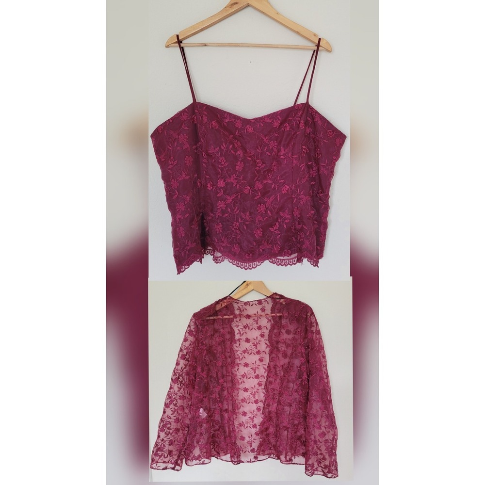 Vtg Floral Cami Top Set Size 1X Burgundy Embroidered Whimsigoth Goth Sheer 90s